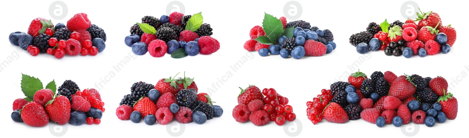 Image of Set of different mixed berries on white background, banner design 