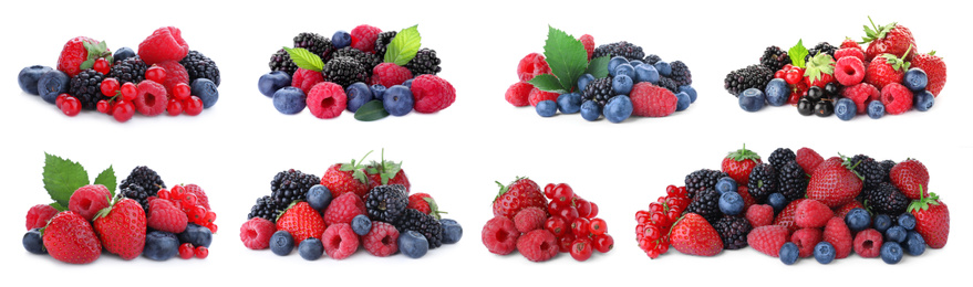 Image of Set of different mixed berries on white background, banner design 