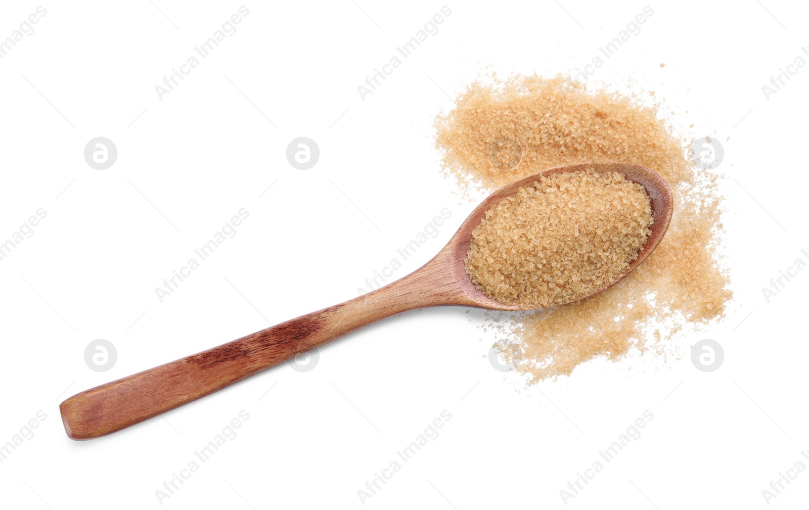 Photo of Wooden spoon and brown sugar on white background, top view