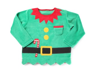 Photo of Cute elf jumper on white background, top view. Christmas baby clothes