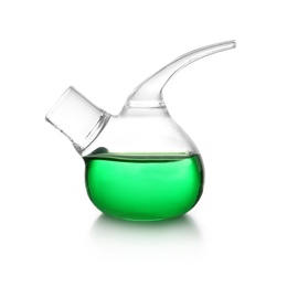 Photo of Retort flask with green liquid on white background