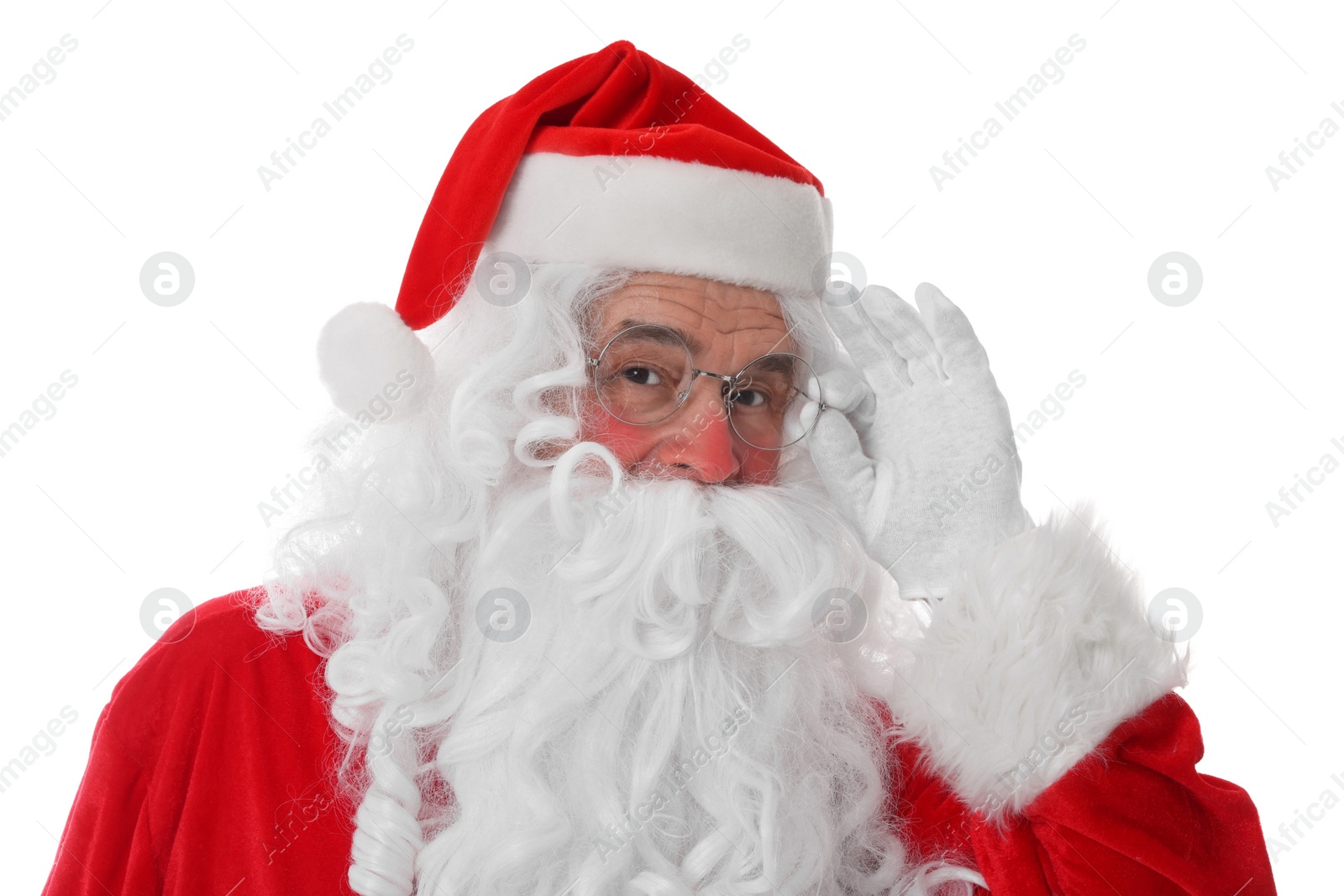 Photo of Man in Santa Claus costume posing on white background