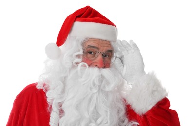Photo of Man in Santa Claus costume posing on white background