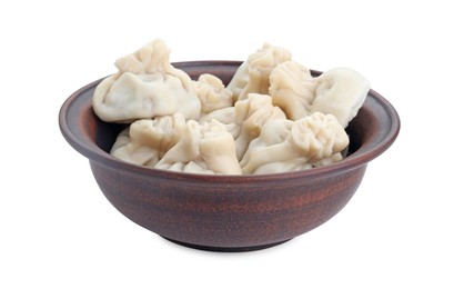 Photo of Tasty khinkali (dumplings) in bowl isolated on white. Georgian cuisine