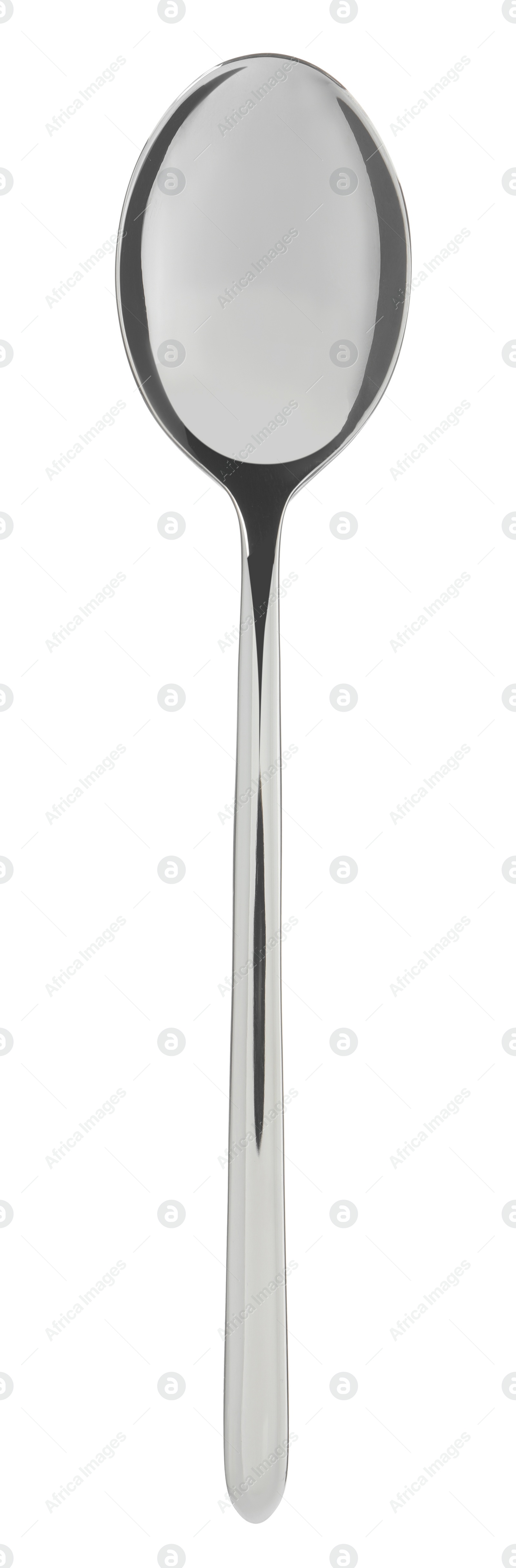 Photo of New shiny spoon isolated on white, top view