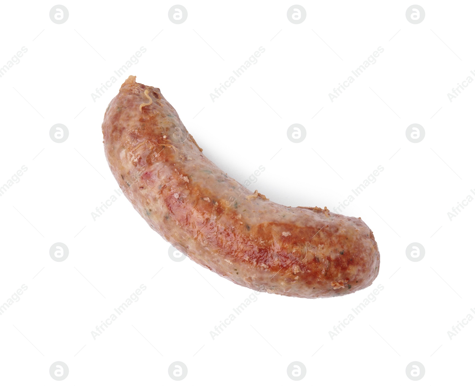 Photo of One tasty homemade sausage isolated on white, top view