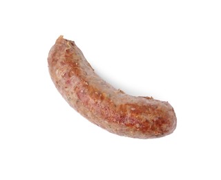 Photo of One tasty homemade sausage isolated on white, top view