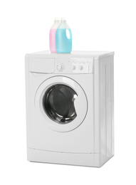 Photo of Modern washing machine and detergents on white background. Laundry day