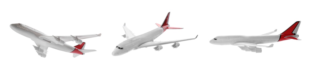 Image of Collage with toy airplane isolated on white, view from different sides. Banner design 