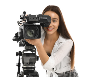 Photo of Operator with professional video camera on white background