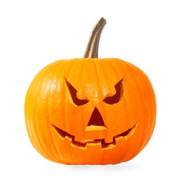 Photo of Scary jack o'lantern pumpkin isolated on white. Halloween decor