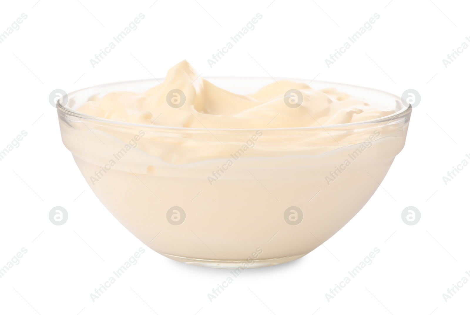 Photo of Tasty mayonnaise in glass bowl isolated on white