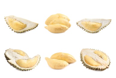 Image of Set with ripe durians on white background