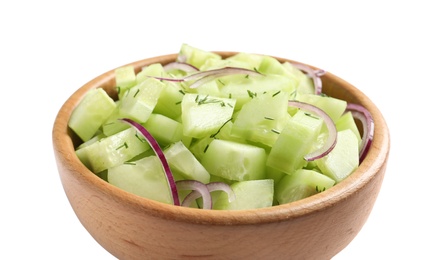 Photo of Delicious cucumber salad with onion in bowl on white background