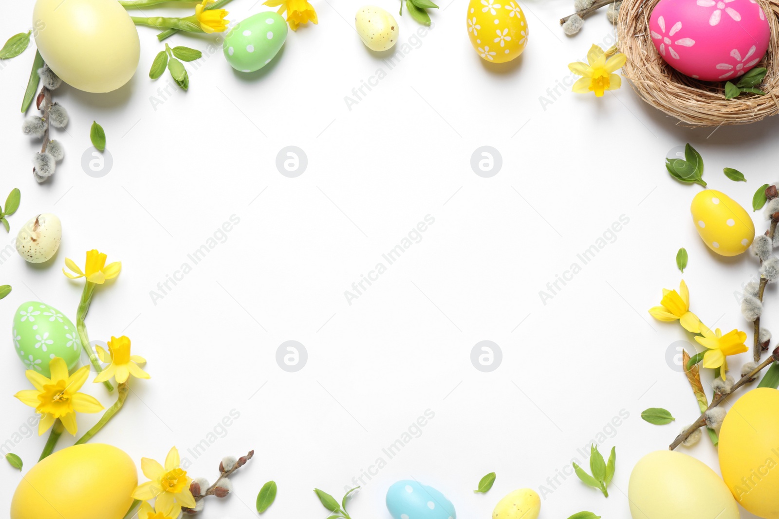 Photo of Frame made with Easter eggs on white background, flat lay. Space for text