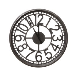 Photo of Stylish wall clock showing five minutes until midnight on white background. New Year countdown