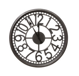 Stylish wall clock showing five minutes until midnight on white background. New Year countdown