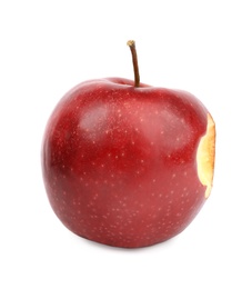 Photo of Ripe juicy red apple with bite mark on white background