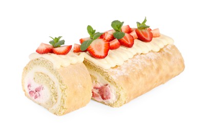 Photo of Delicious cake roll with strawberries and mint isolated on white