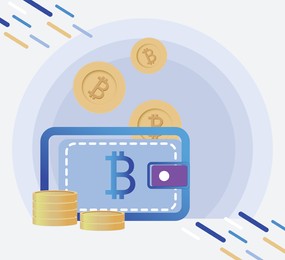 Bitcoins falling into wallet on color background, illustration