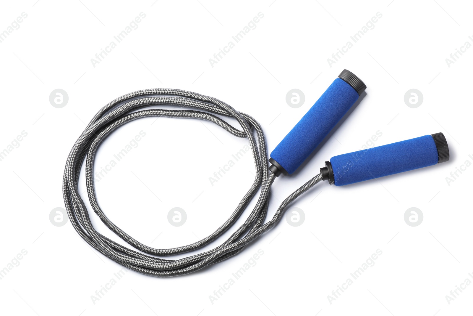 Photo of Jump rope on white background, top view. Sports equipment