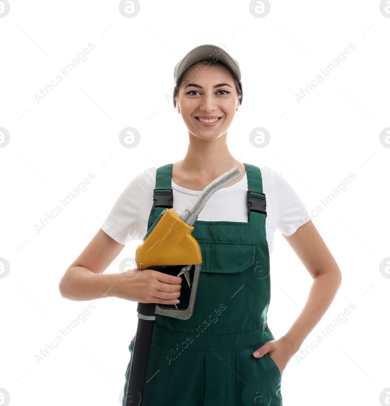 Photo of Gas station worker with fuel nozzle on white background