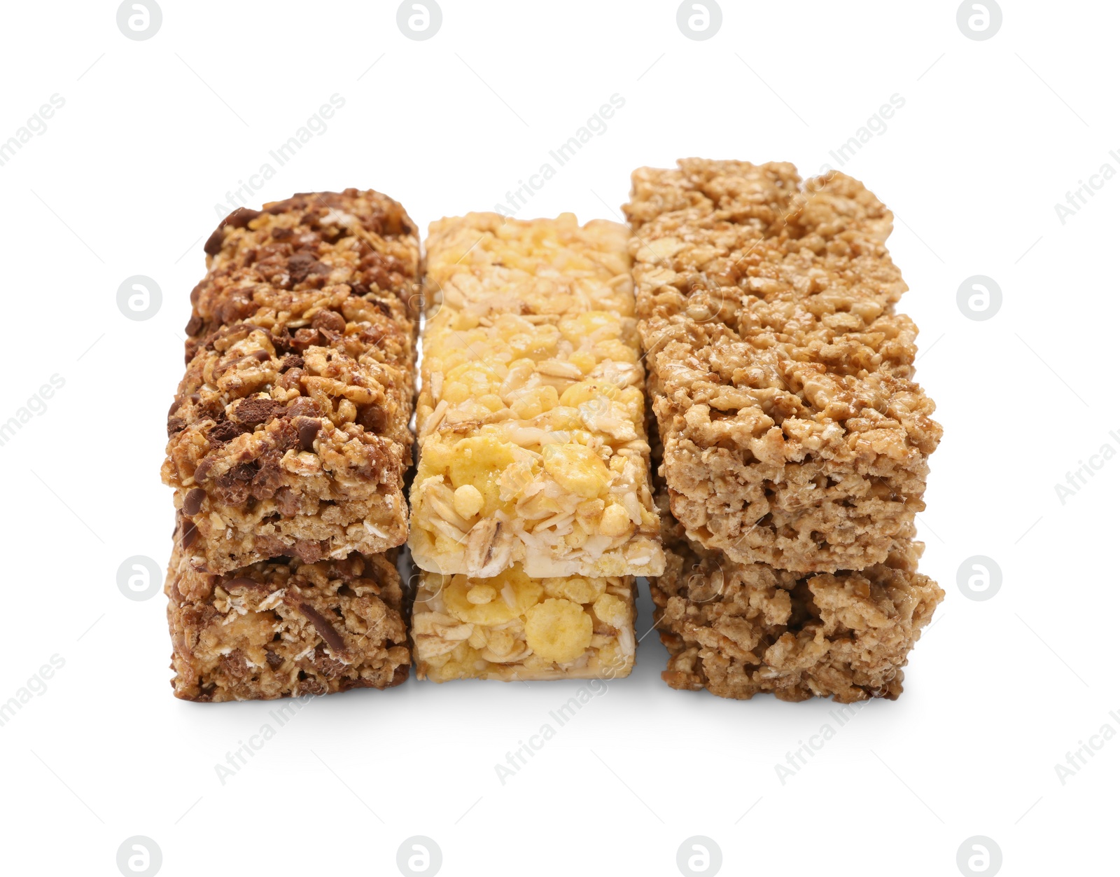 Photo of Different tasty granola bars isolated on white