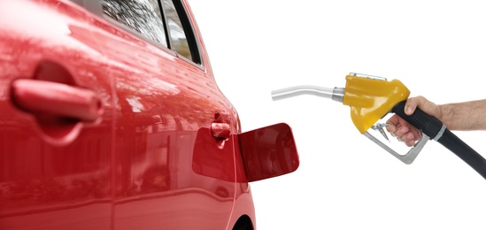 Gas station worker with fuel nozzle near car on white background, closeup. Banner design