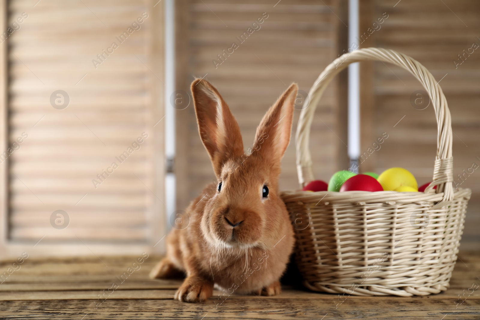 Photo of Cute bunny and basket with Easter eggs on wooden table against blurred background