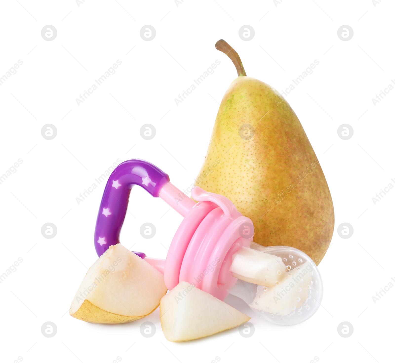 Photo of Nibbler with fresh pear on white background. Baby feeder