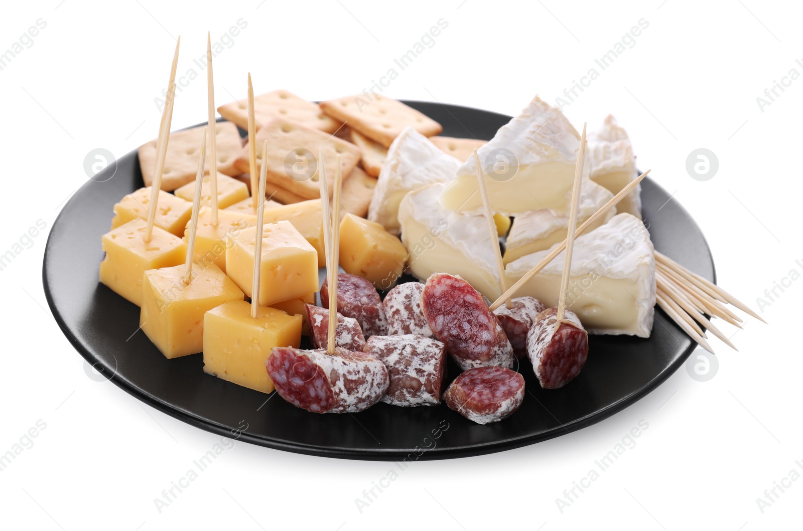 Photo of Toothpick appetizers. Tasty cheese, sausage, and crackers on white background