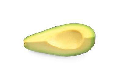 Photo of Slice of ripe avocado on white background