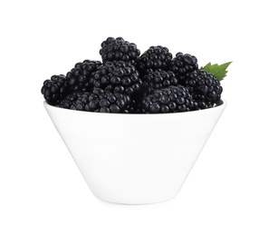 Fresh ripe blackberries in bowl isolated on white