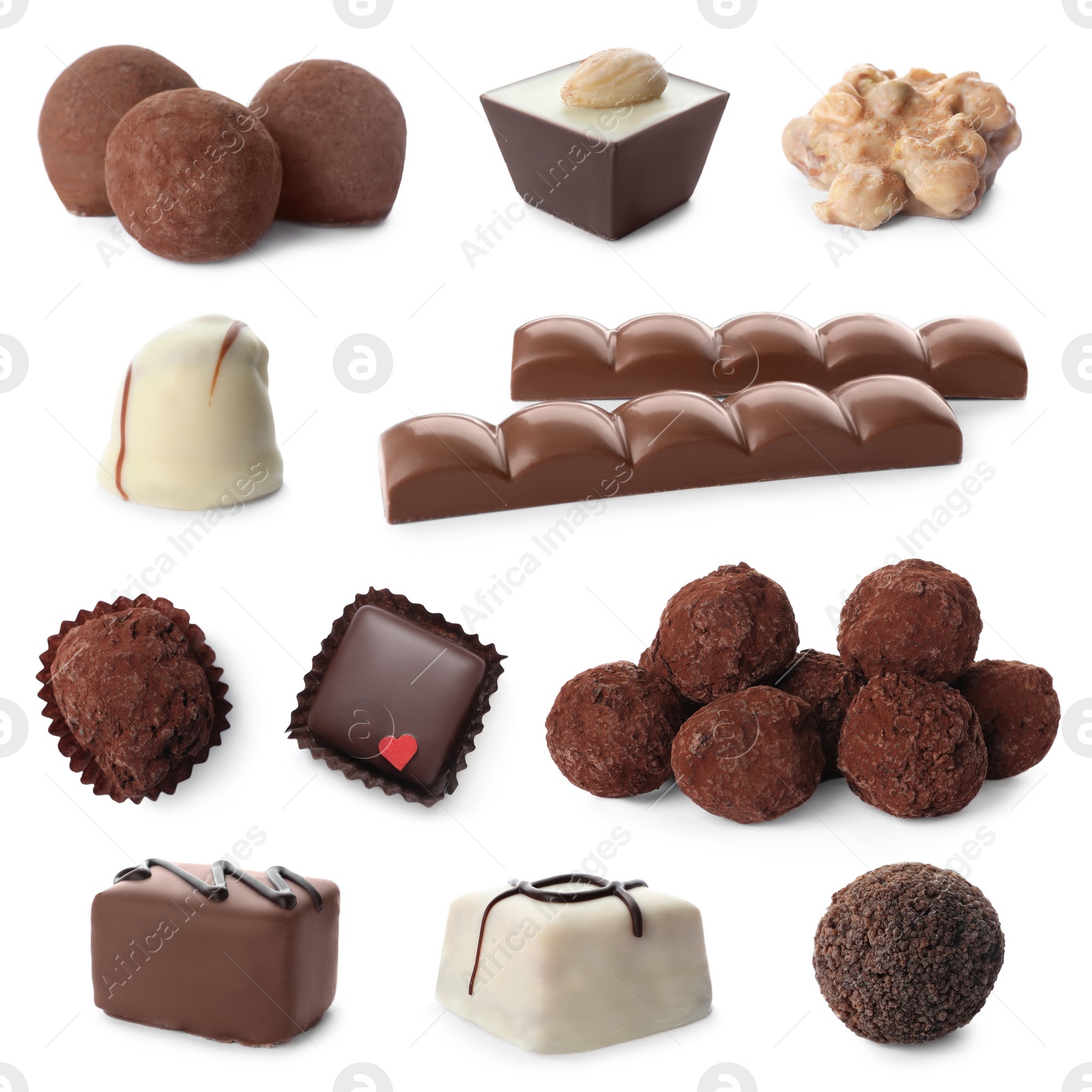 Image of Set with different chocolate candies on white background