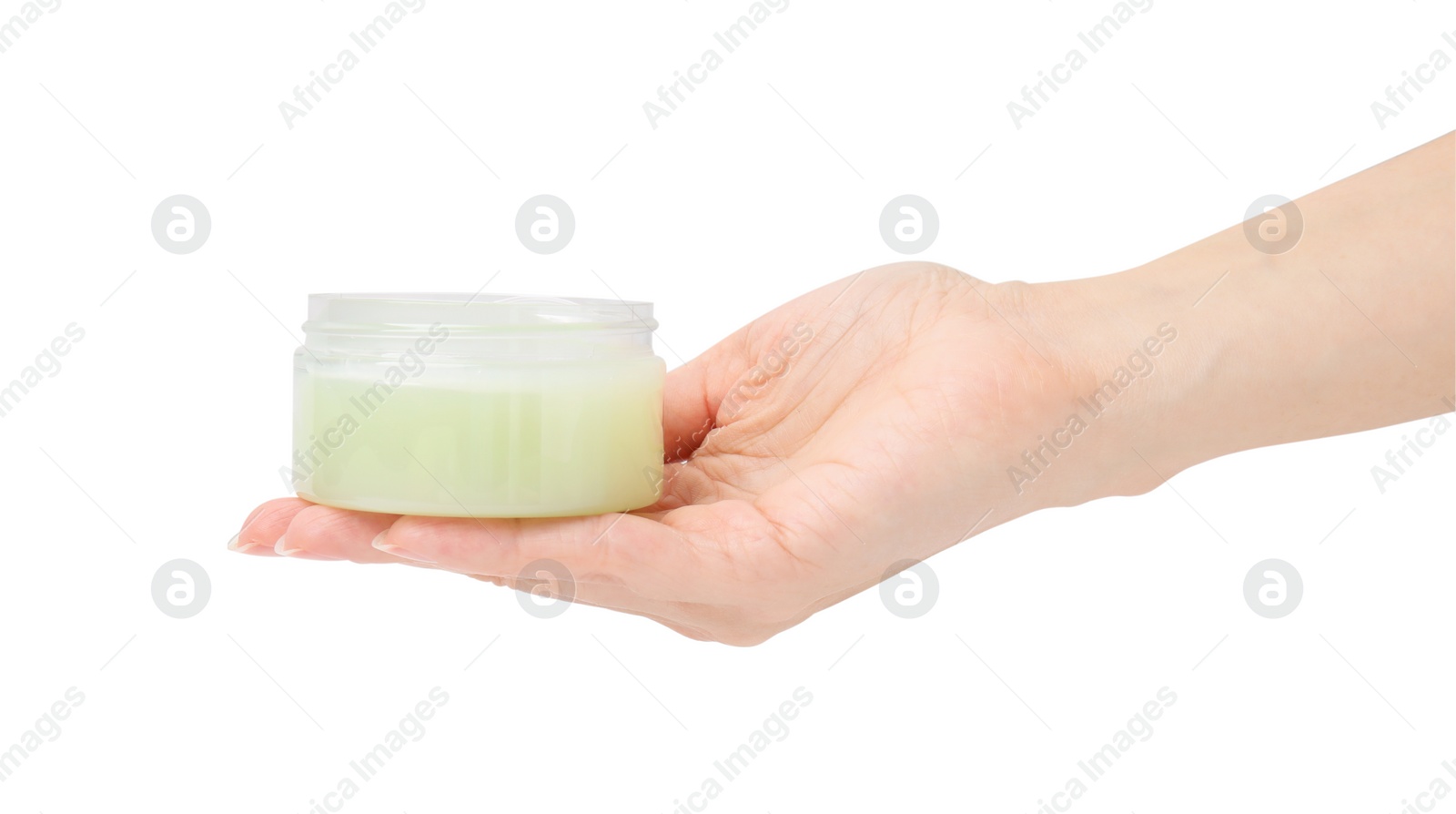 Photo of Woman holding jar of petroleum jelly on white background, closeup