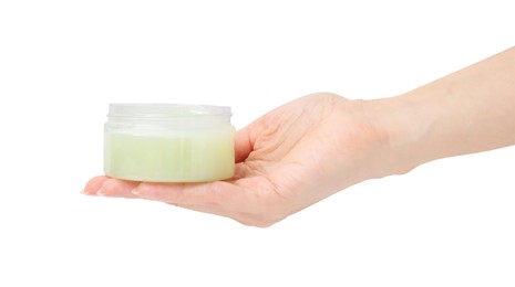 Photo of Woman holding jar of petroleum jelly on white background, closeup