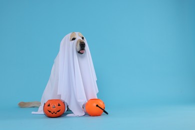 Cute Labrador Retriever dog wearing ghost costume with Halloween buckets on light blue background. Space for text