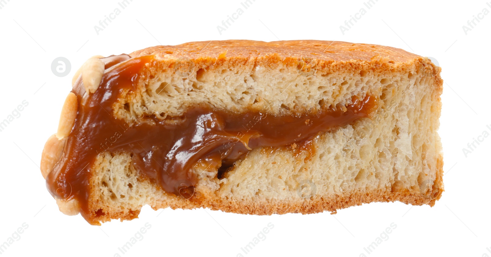 Photo of Half of round croissant with chocolate paste and nuts isolated on white. Tasty puff pastry