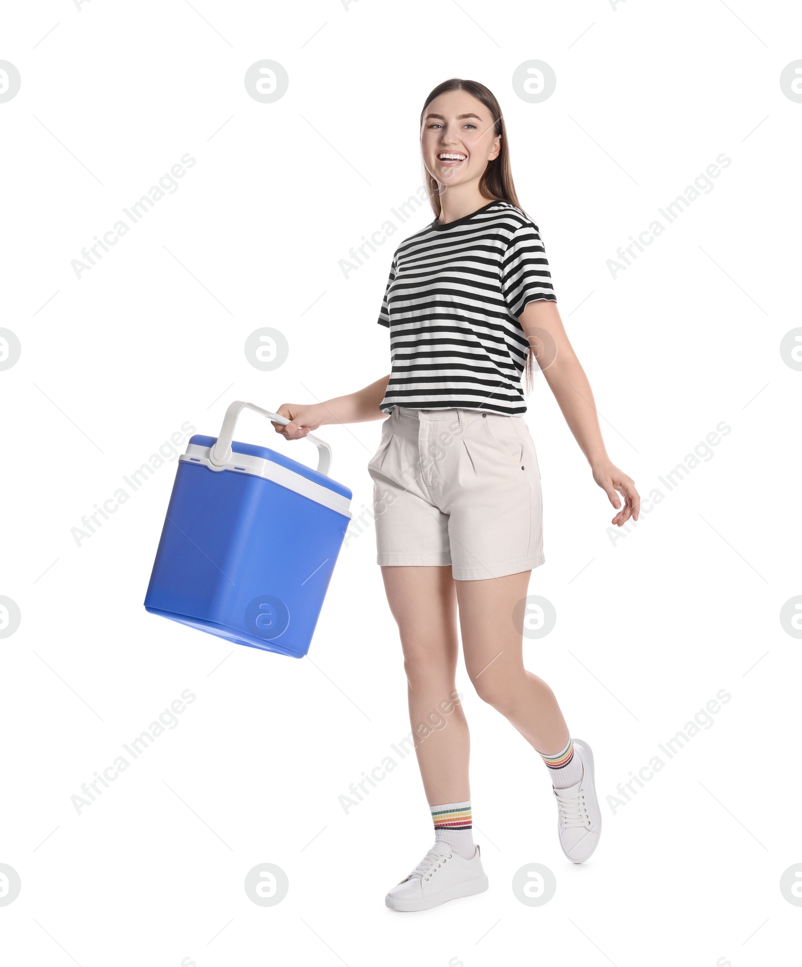 Photo of Happy young woman with plastic cool box isolated on white