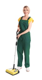 Female janitor with cordless broom on white background. Cleaning service
