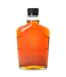 Photo of Bottle of tasty maple syrup isolated on white