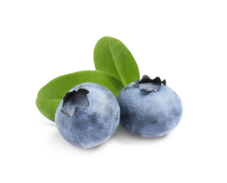 Delicious fresh ripe blueberries with leaves isolated on white