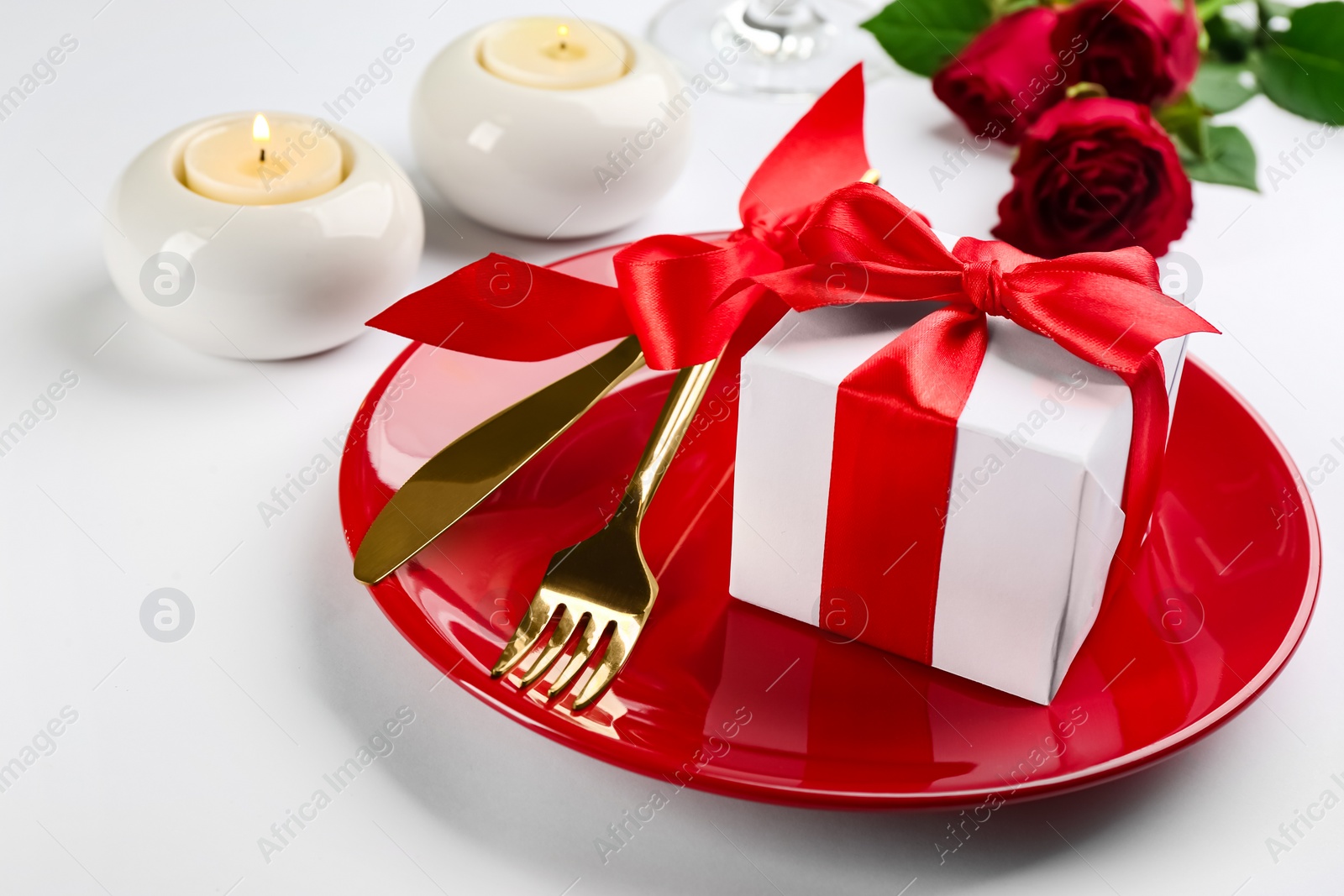 Photo of Beautiful table setting for Valentine's Day dinner on white background