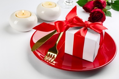 Photo of Beautiful table setting for Valentine's Day dinner on white background