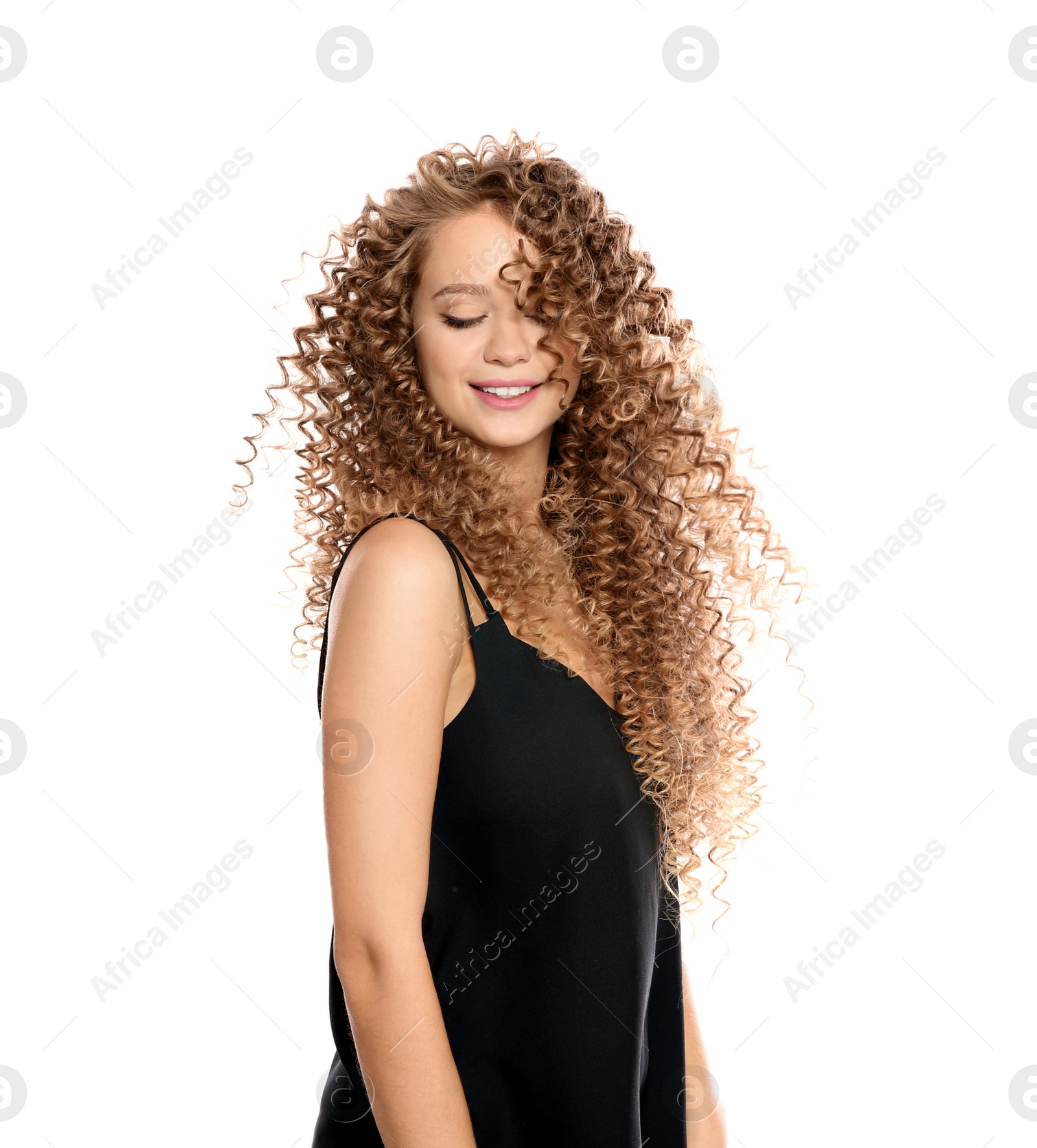 Photo of Portrait of beautiful young woman with shiny wavy hair on white background