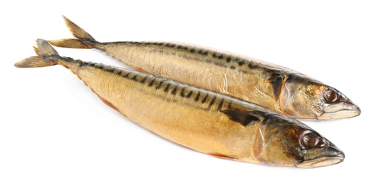 Photo of Tasty smoked mackerel fish isolated on white, top view