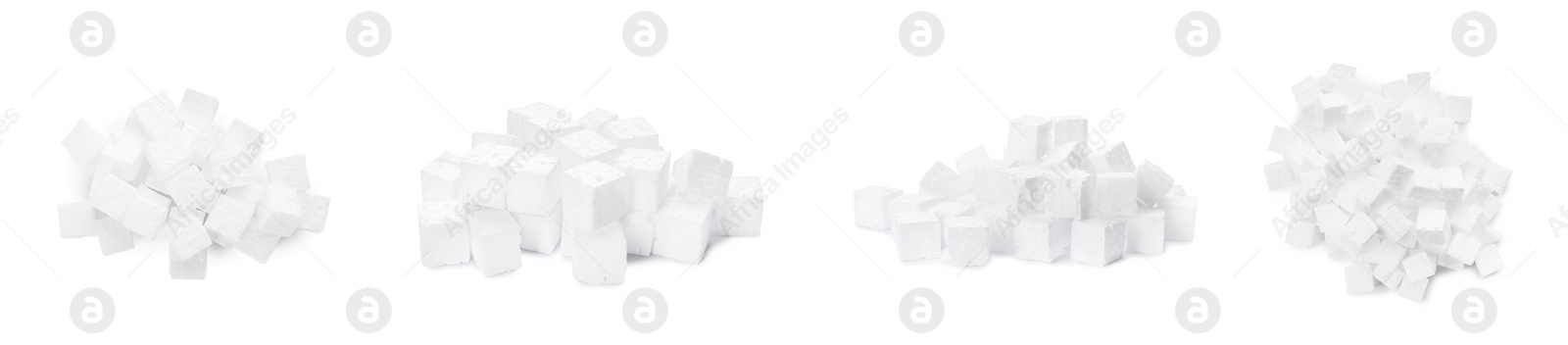 Image of Set with piles of styrofoam cubes on white background. Banner design