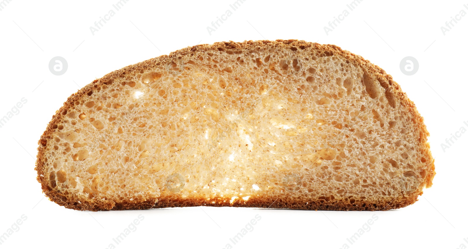 Photo of Slice of freshly baked sourdough bread isolated on white