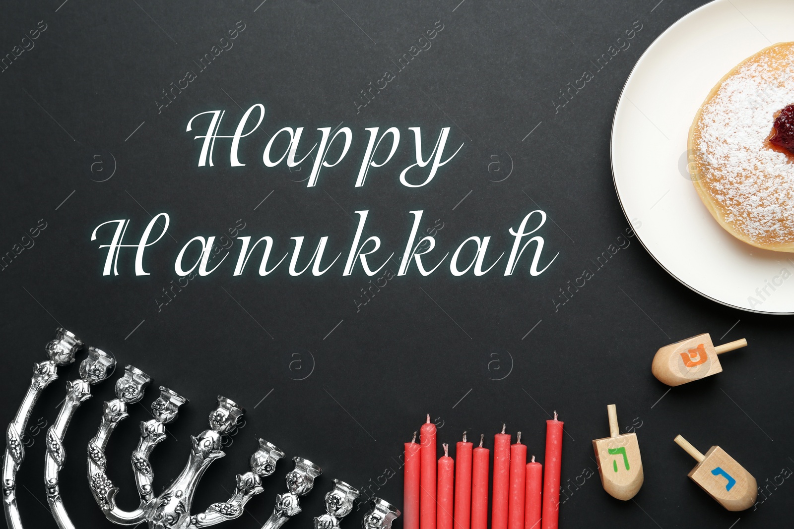 Image of Happy Hanukkah. Traditional menorah, candles, sufganiyah and dreidels on black background, flat lay 