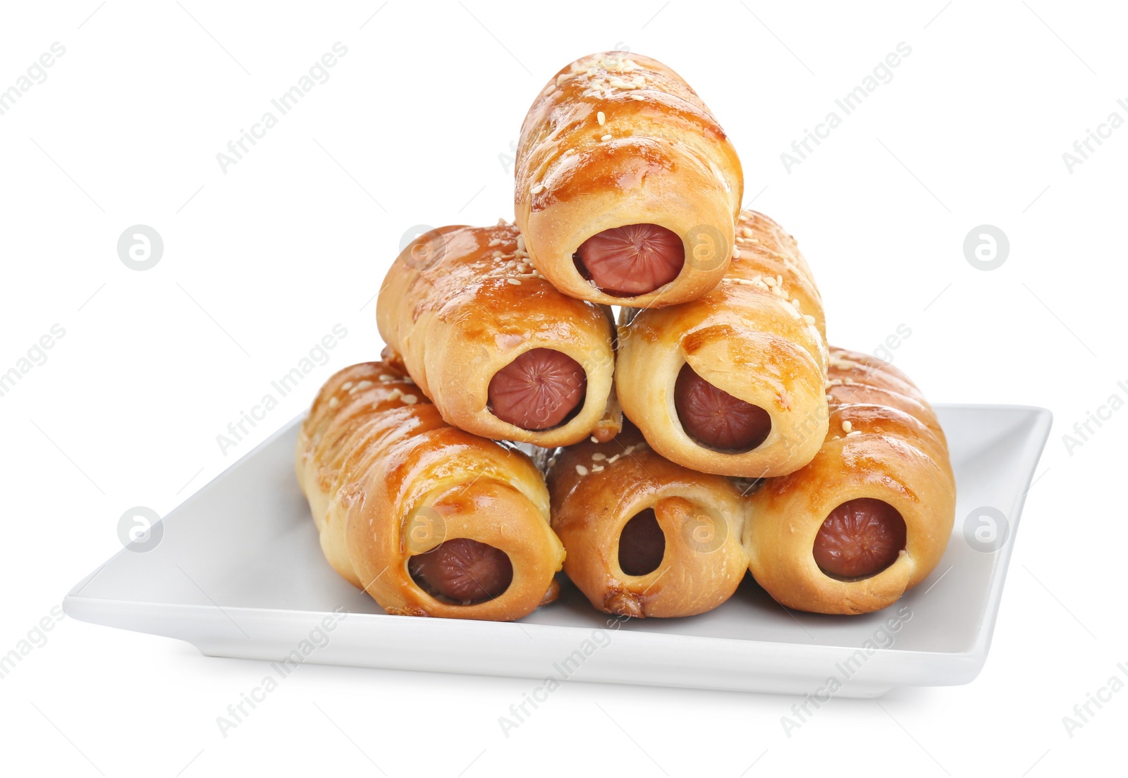 Photo of Plate with delicious sausage rolls isolated on white